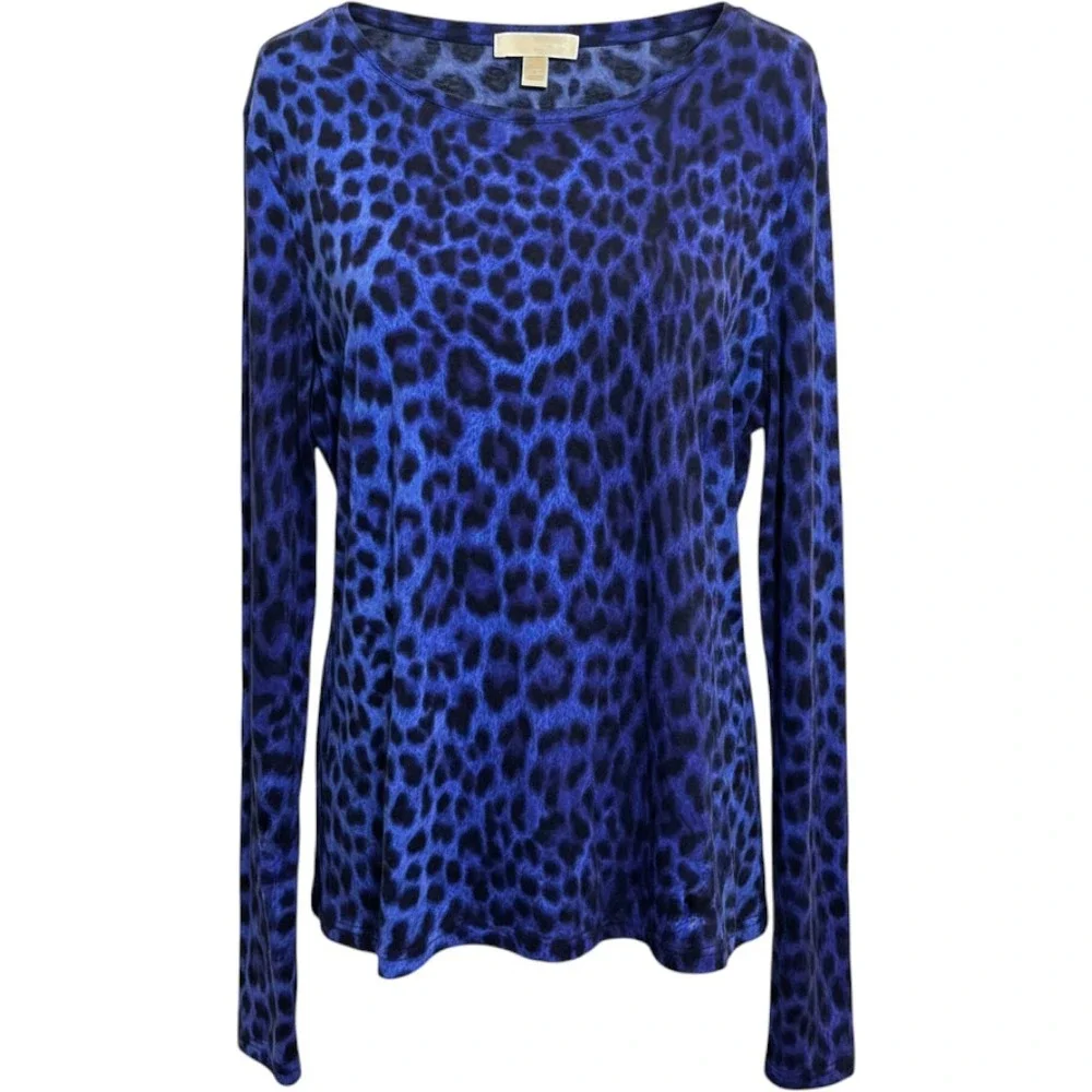 Michael Kors Womens XL Blue Black Leopard Animal Print Long Sleeve Crew Neck Top